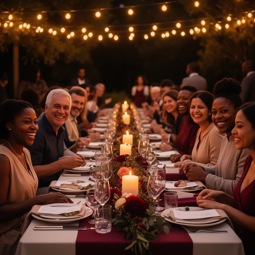 Community members sharing a candlelit dinner under warm string lights at a fundraising event
